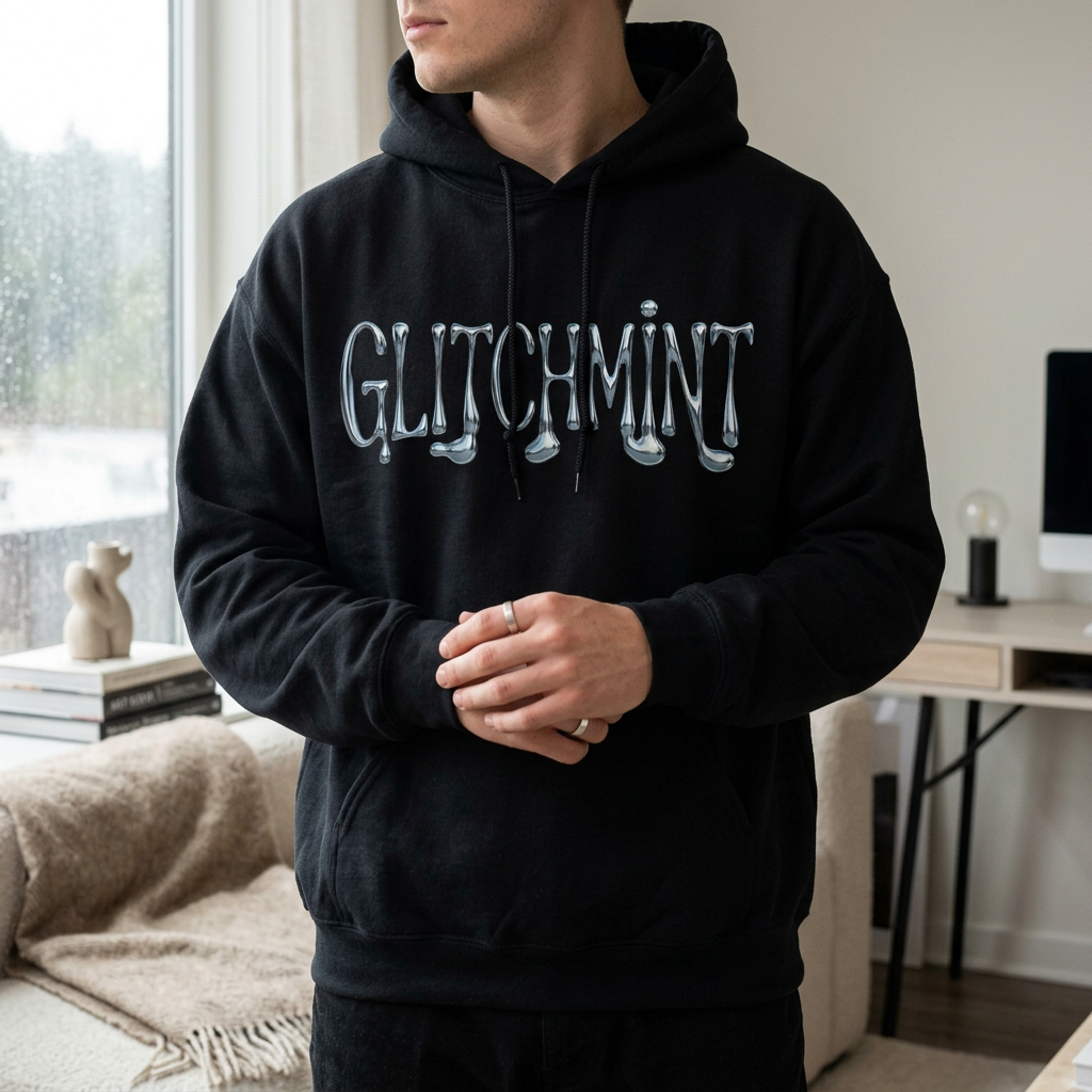 Retro-Futurist Chrome Liquid Logo Hoodie - Y2K Aesthetic