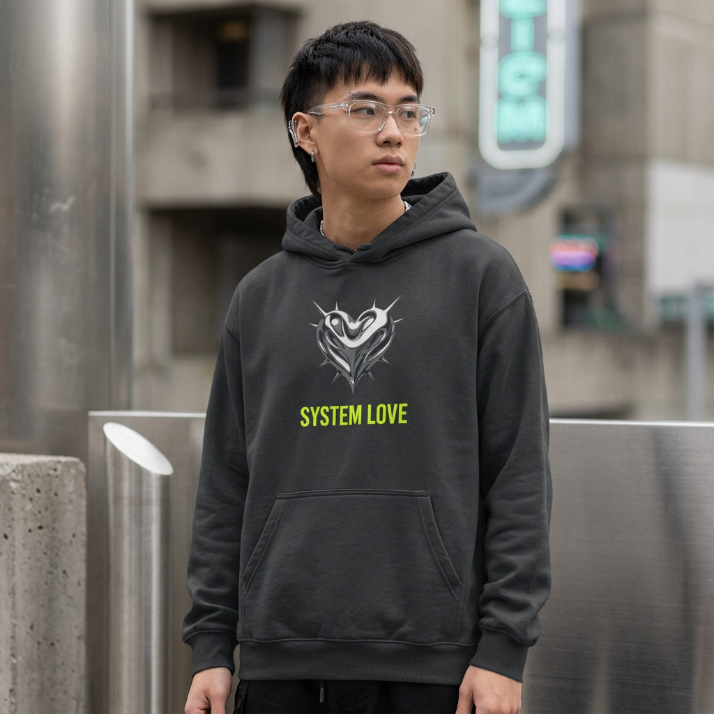 Retro-Futurism Chrome Heart Hoodie - System Love Y2K Streetwear