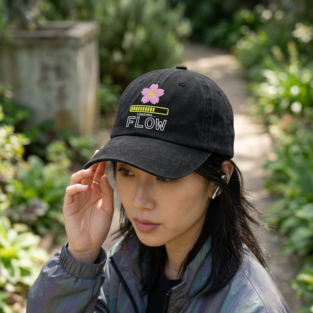Cyber Sakura Embroidered Dad Hat - Retro-Futurism Y2K Tech Cap