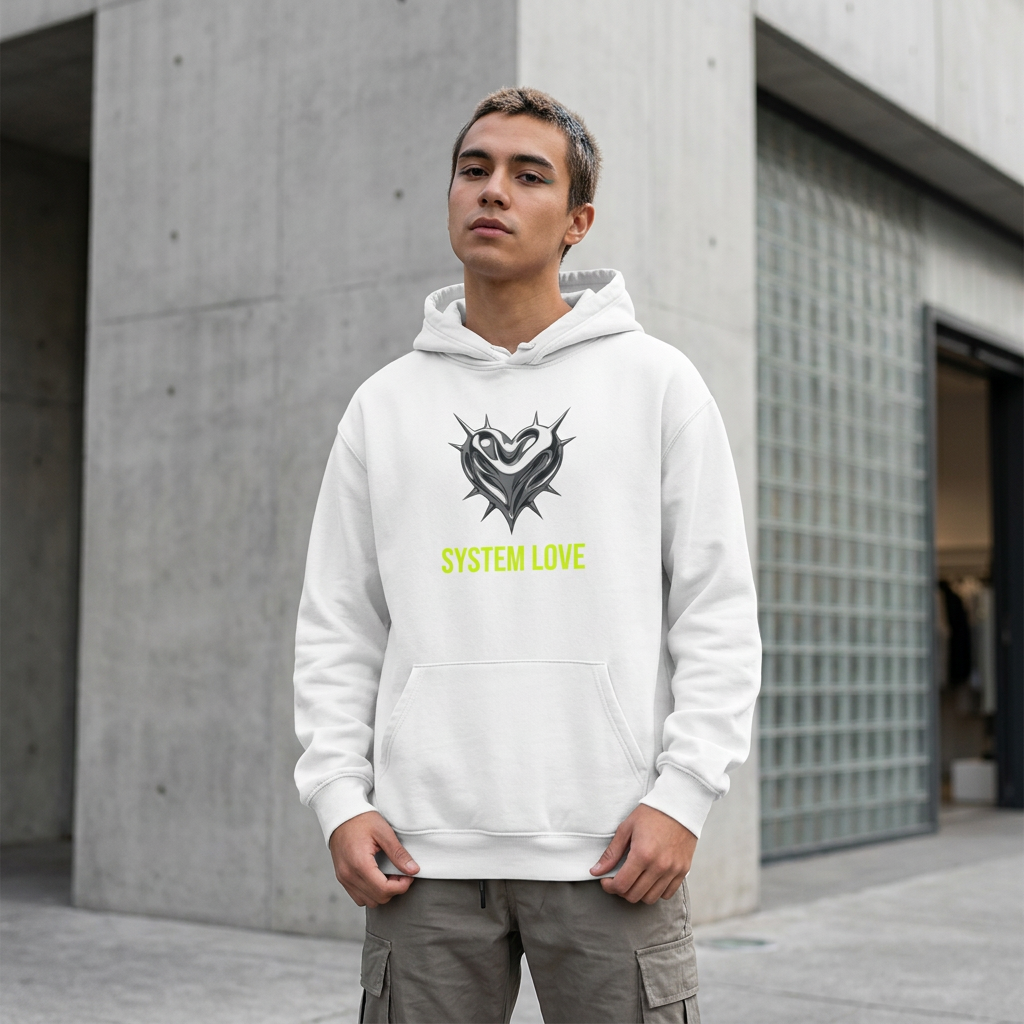 Retro-Futurism Chrome Heart Hoodie - System Love Y2K Streetwear