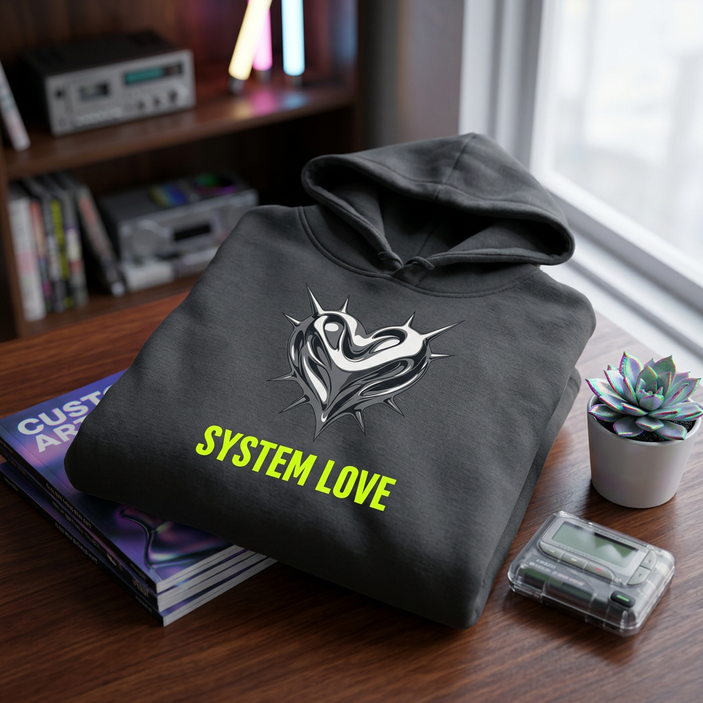 Retro-Futurism Chrome Heart Hoodie - System Love Y2K Streetwear