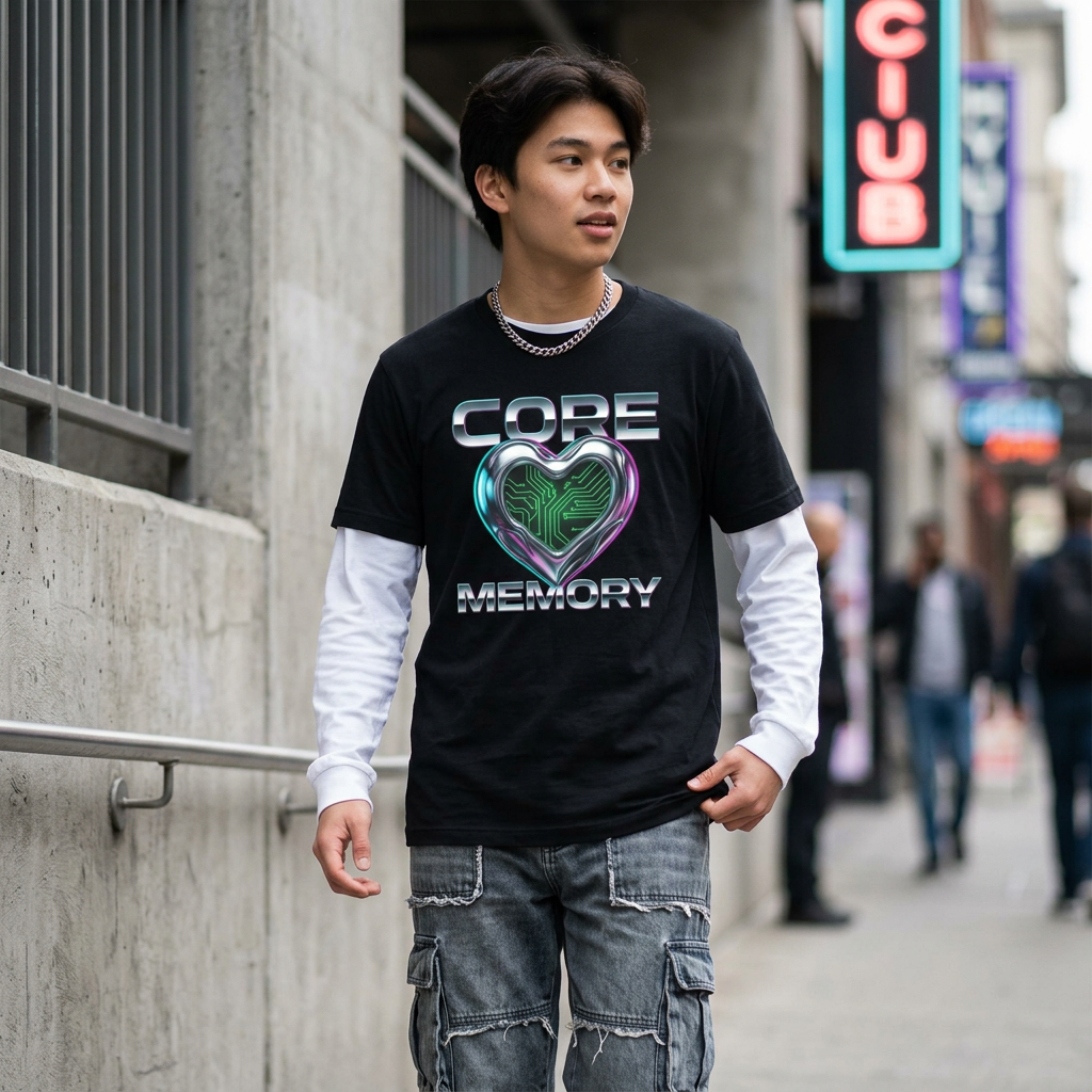 Chrome Memory Cache Cyber Heart Retro-Futurism Graphic Tee