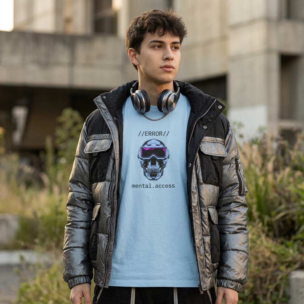 Unisex Heavyweight Tee - Mental Access 404 Chrome Skull