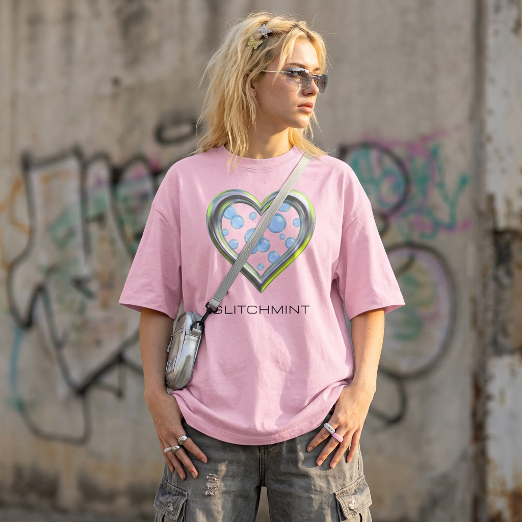 Oversized Retro-Futurist Chrome T-Shirt - Glitchmint Biosphere 2.0