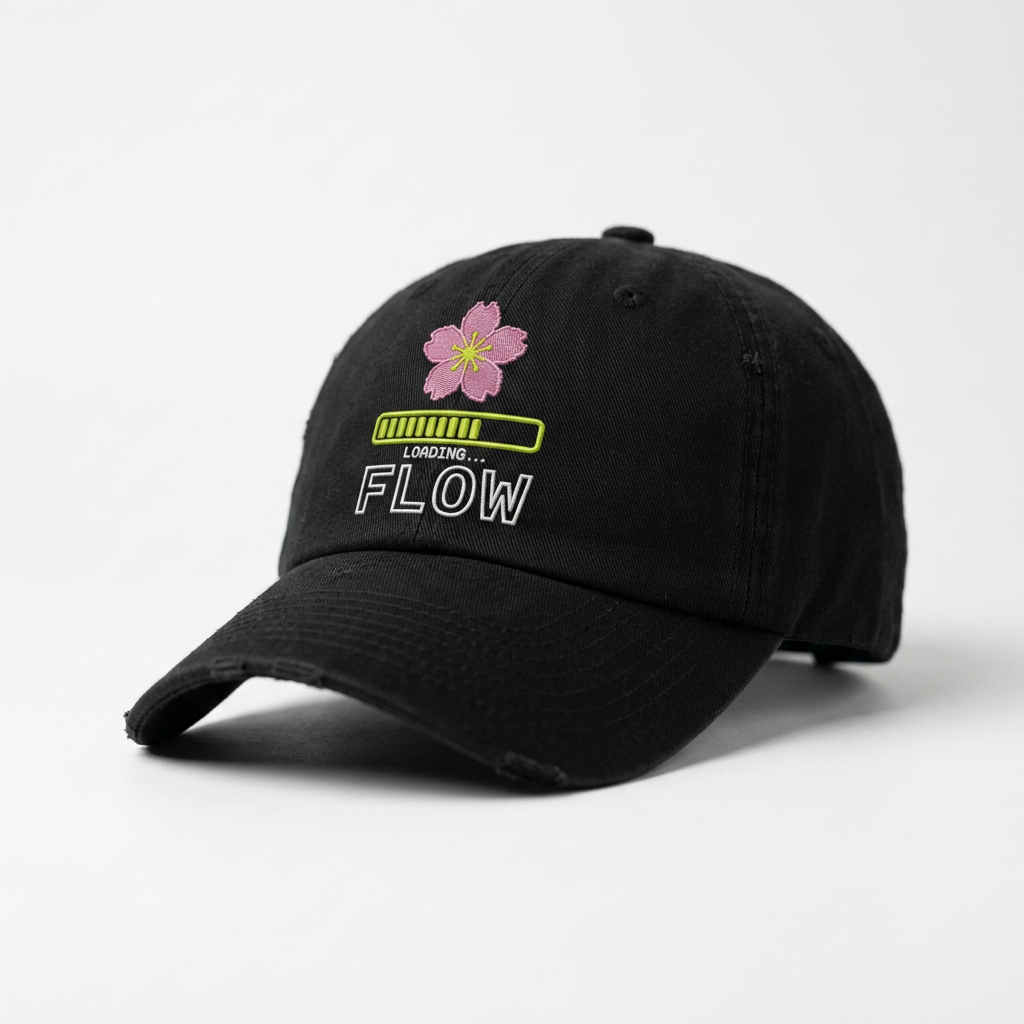 Cyber Sakura Embroidered Dad Hat - Retro-Futurism Y2K Tech Cap